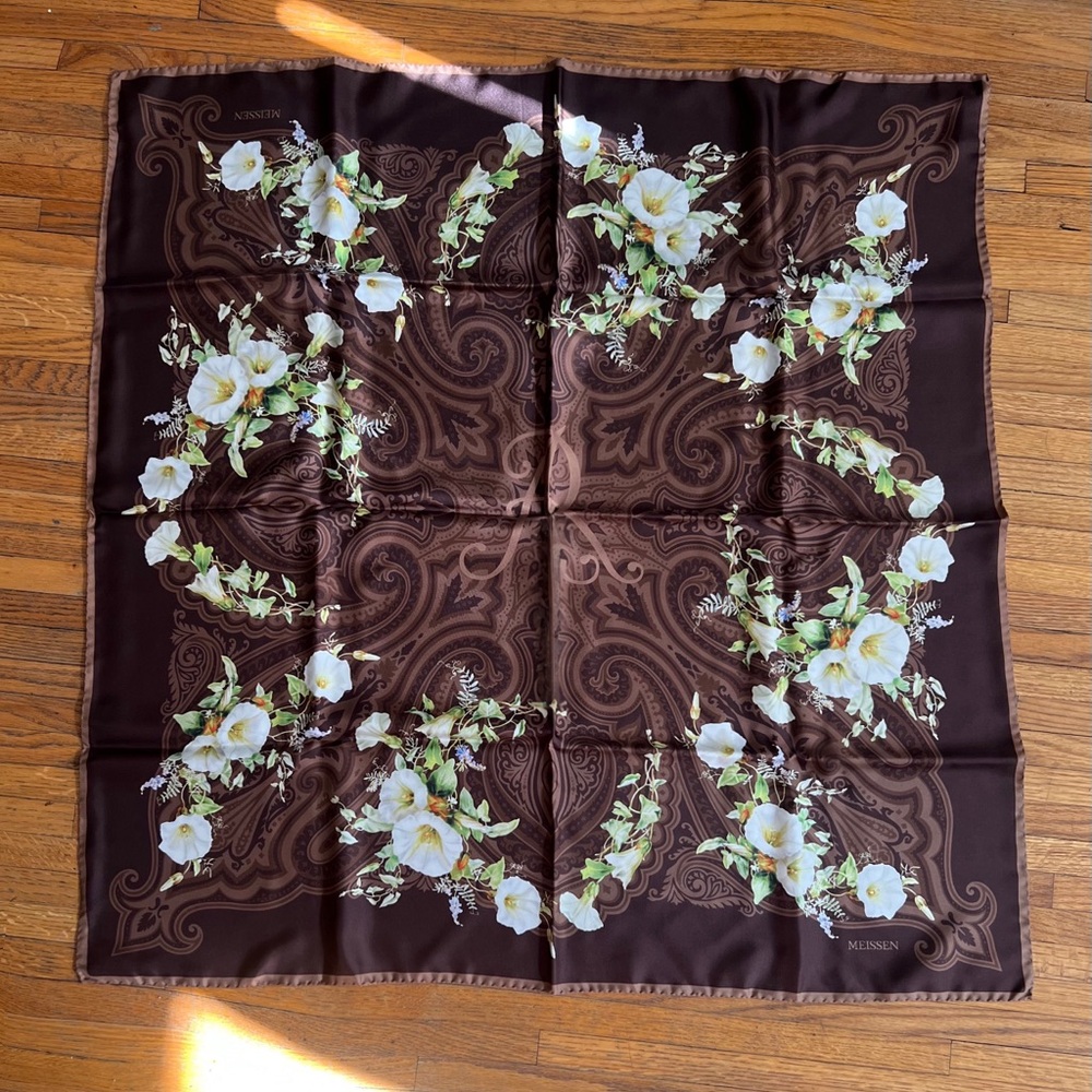 Meissen couture brown silk floral scarf